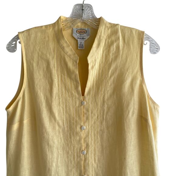 TALBOTS 8 Irish Linen Button Down Sleeveless Top Side Slits Yellow Beachy - Picture 3 of 13